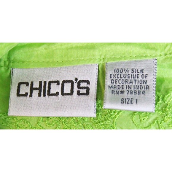 Chico's Silk Button Down sz 1 Green Floral Embroidery Spring Smooth Sleepshirt - Picture 5 of 6